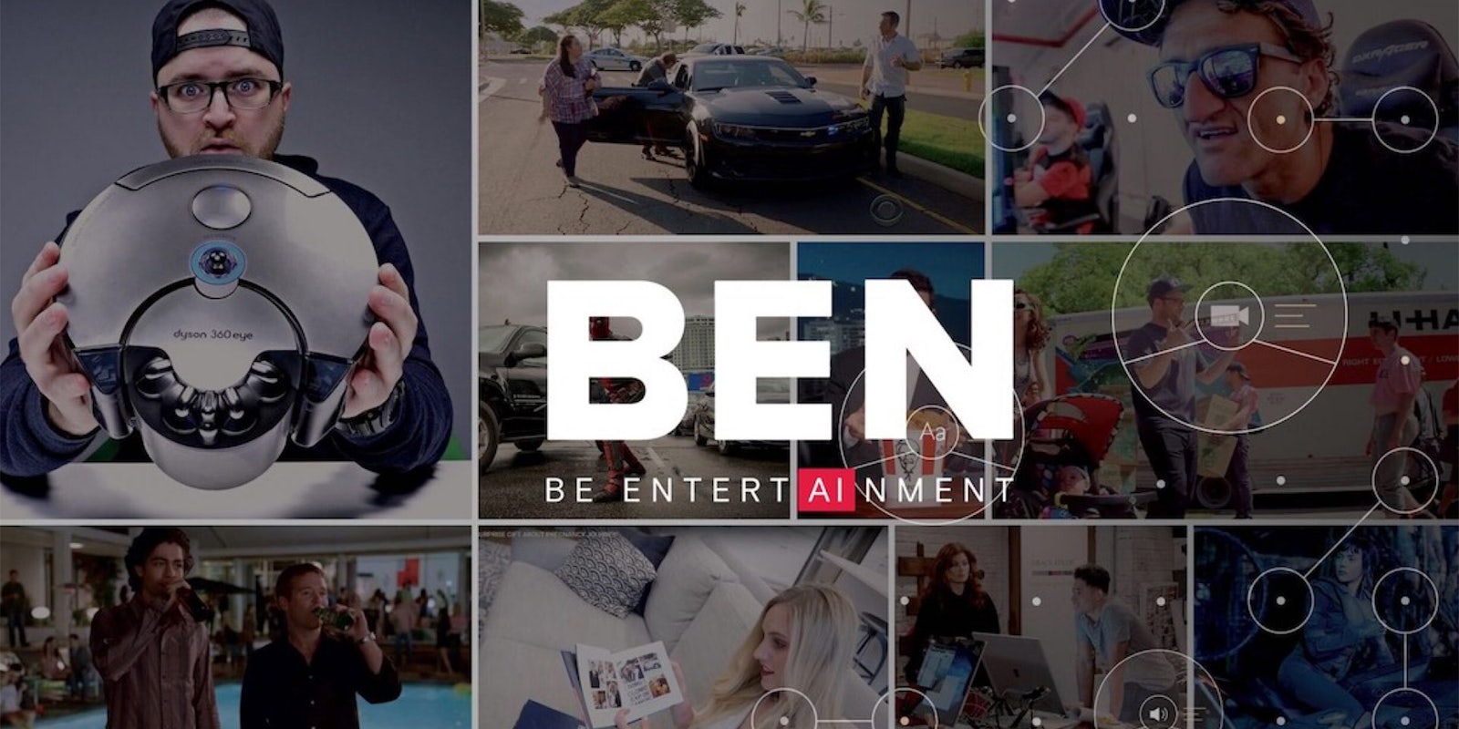 BEN Be Entertainment with photos of man holding device, people near car, gamers, people with a U-haul, men drinking at pool, woman reading on couch, people looking at monitors, woman posing