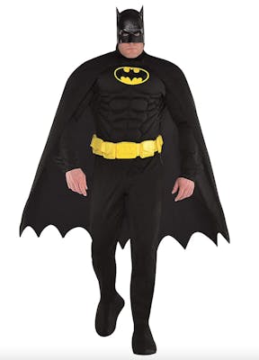 Batman costume in all black head to toe with yellow accents