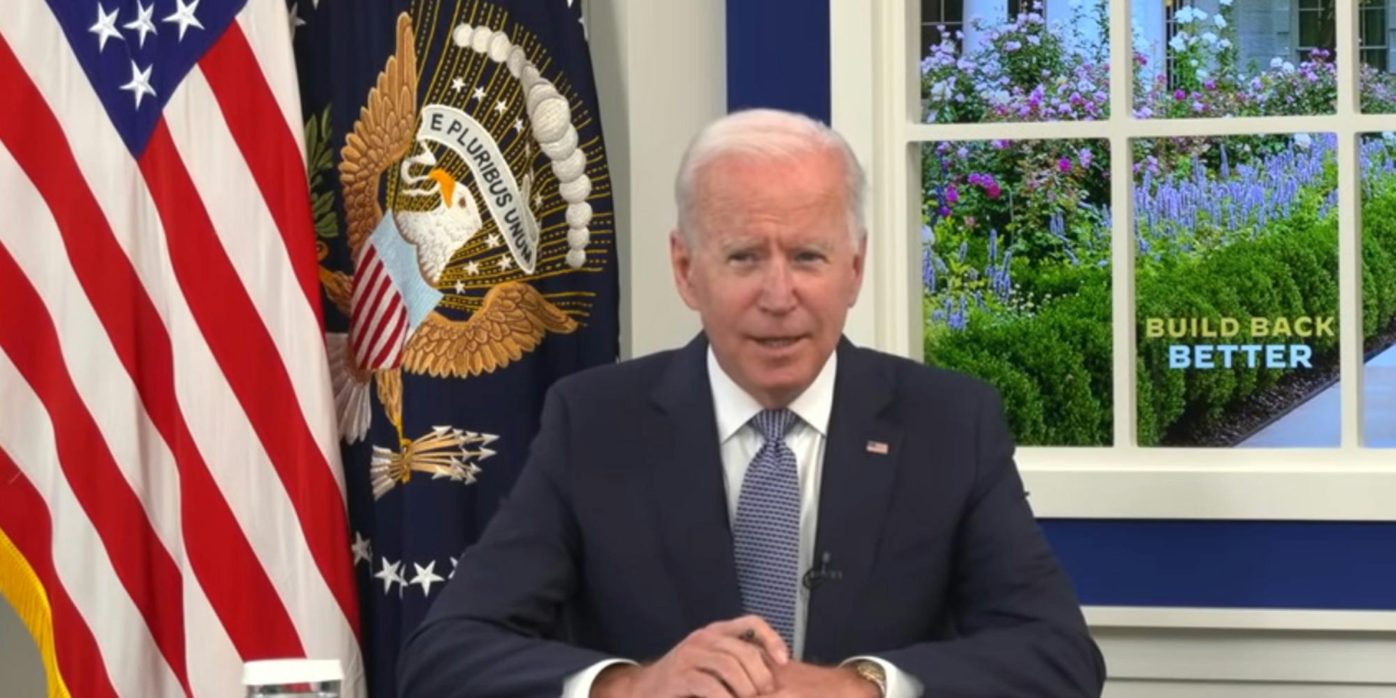 President Joe Biden speaking at an event in the South Court Auditorium.