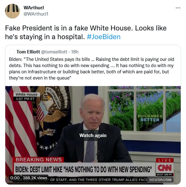 A tweet from someone saying that Biden was in a 'fake White House.'