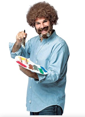 Bob ross costume holding a paint pallet for best adult Halloween costume