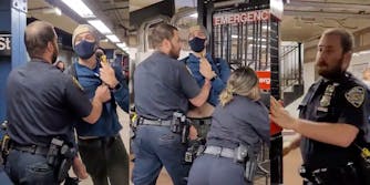 NYPD officer is seen dragging Andrew Gilbert across the platform and pushing him out through the emergency exit.