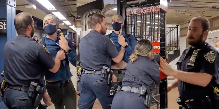 NYPD officer is seen dragging Andrew Gilbert across the platform and pushing him out through the emergency exit.