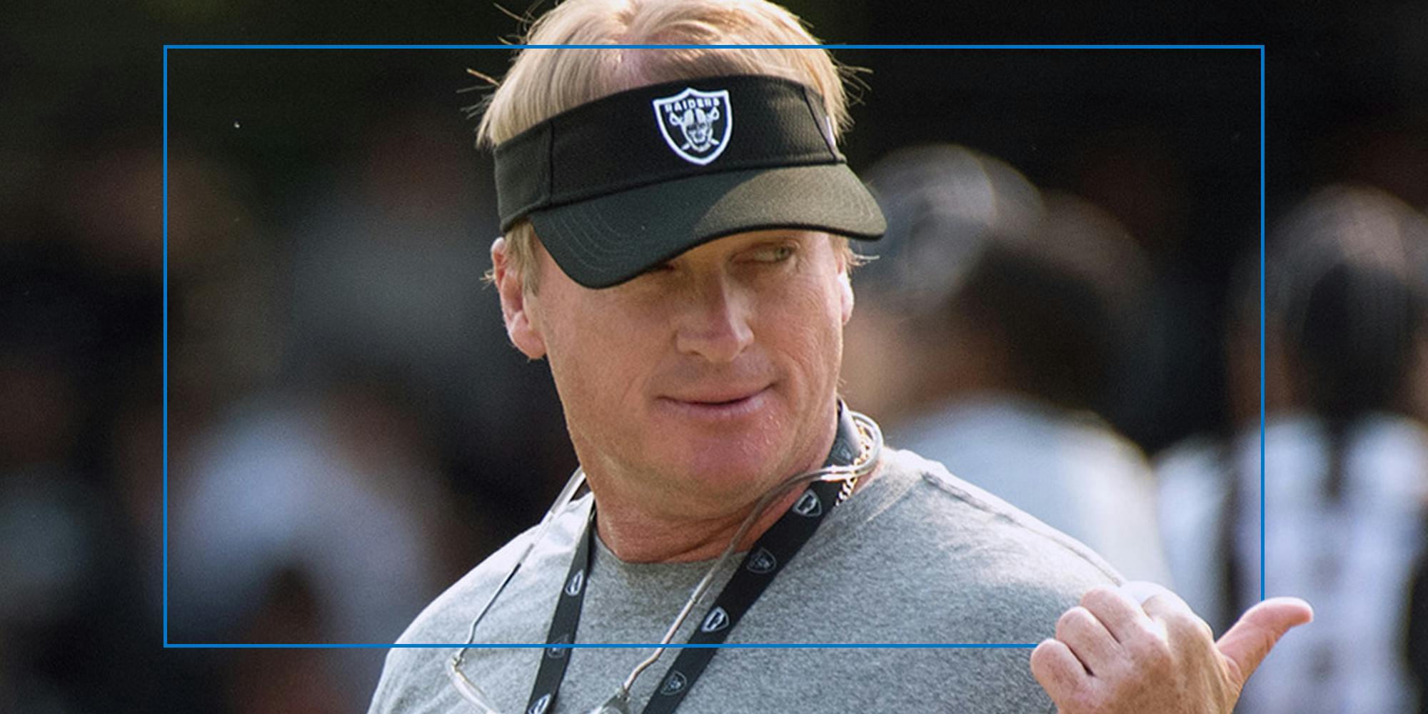 Jon Gruden wearing Raiders visor