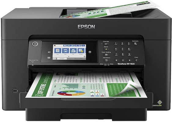 Black epson printer scanning, printing, and showing a touch screen, an essential addition to your home office setup