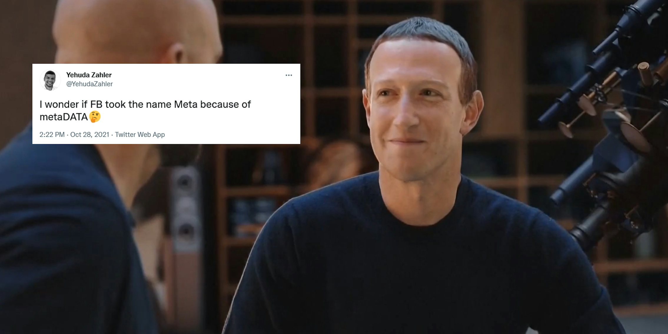 Facebook CEO Mark Zuckerberg next to a tweet mocking Facebook's rebrand to Meta.