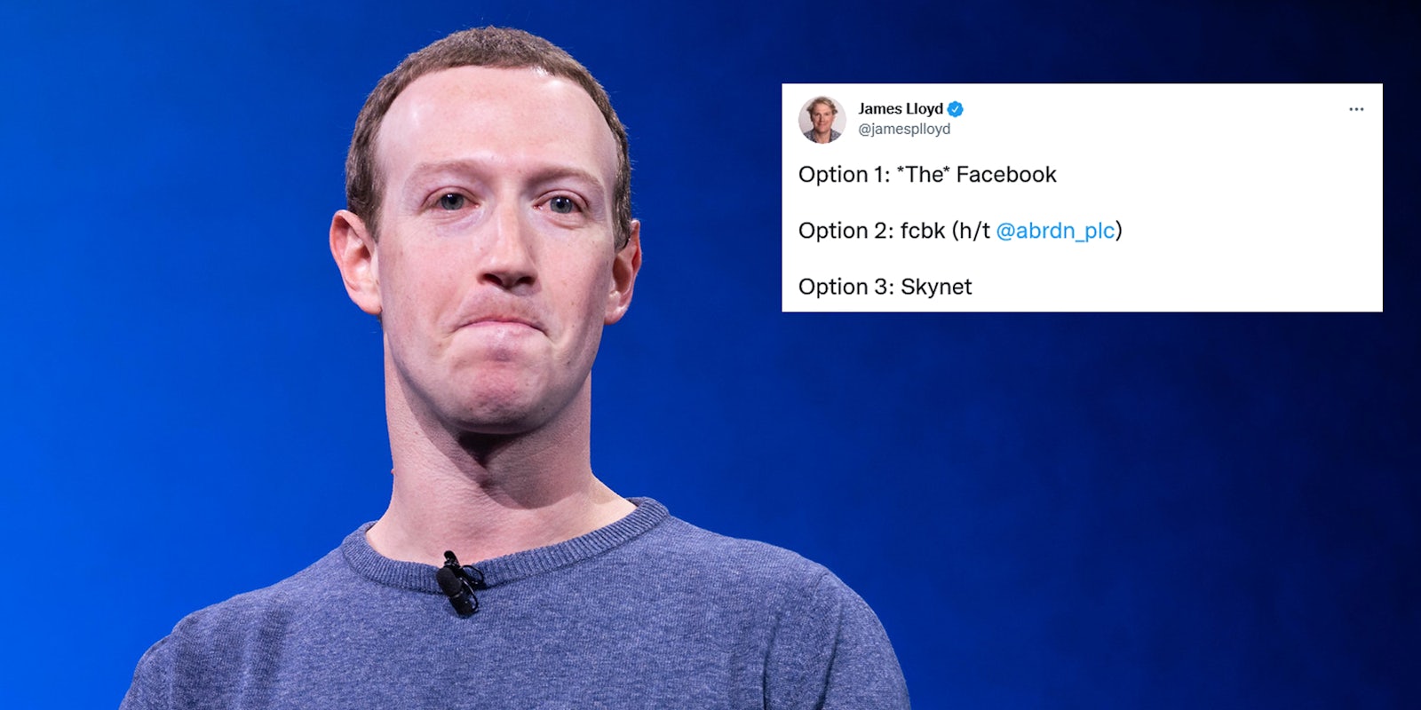 Facebook CEO Mark Zuckerberg next to a tweet mocking the reports that the company will go through a rebranding.