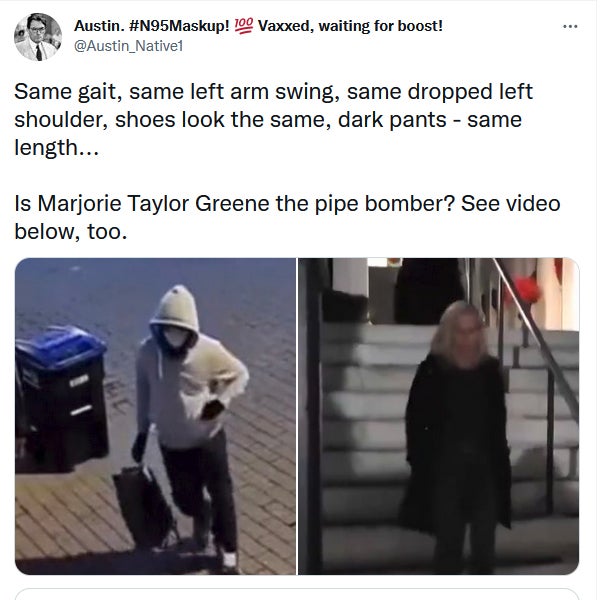 A tweet suggesting Marjorie Taylor Greene planted pipe bombs in Washington D.C.