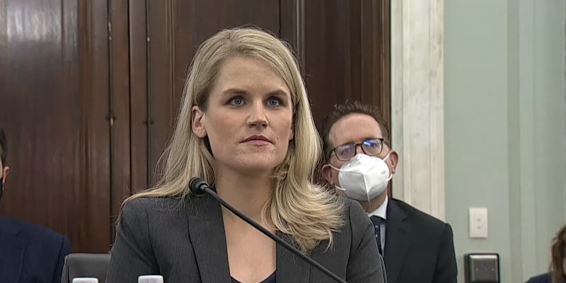 Frances Haugen, the Facebook whistleblower, testifying before Congress.