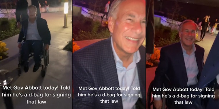 Three screenshots from a viral TikTok where a man calls Texas Gov. Greg Abbott a 'douchebag' for signing the state's highly restrictive abortion law.