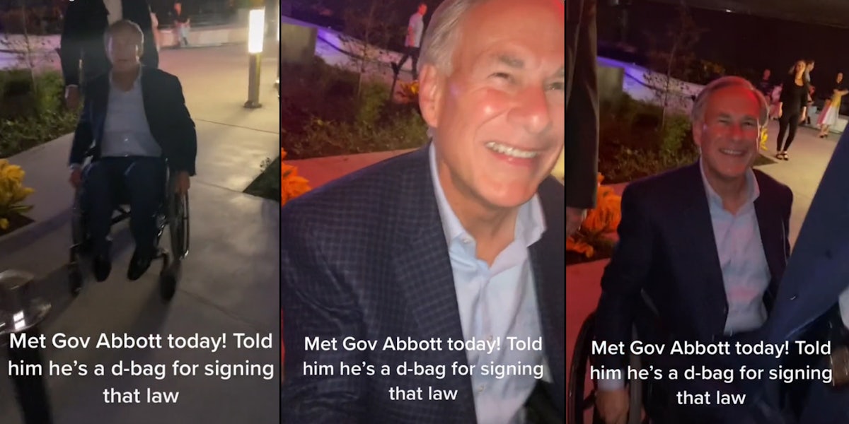 Three screenshots from a viral TikTok where a man calls Texas Gov. Greg Abbott a 'douchebag' for signing the state's highly restrictive abortion law.