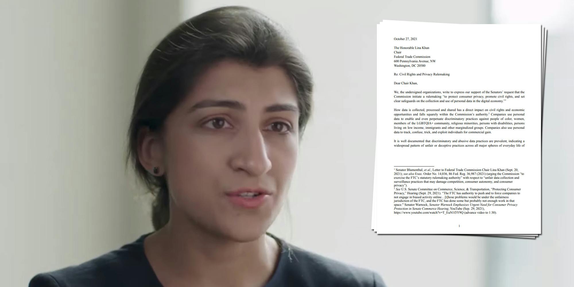 FTC Chairwoman Lina Khan next to a letter signed by 45 groups urging the agency to crack down on 'discriminatory and abusive data practices'