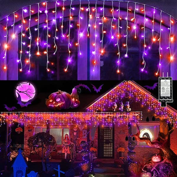 orange and purple string lights dazzle as the best outdoor halloween decoration