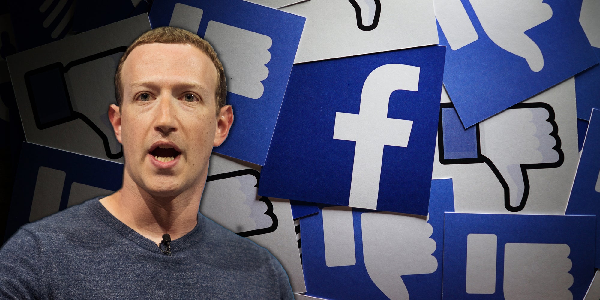 Facebook CEO Mark Zuckerberg in front of a background made up of the Facebook logo and thumbs down.