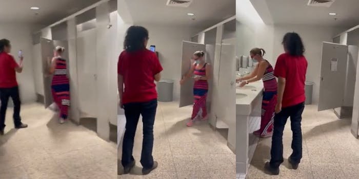 Screenshots from a video of activists confronting Sen. Kyrsten Sinema in a bathroom.