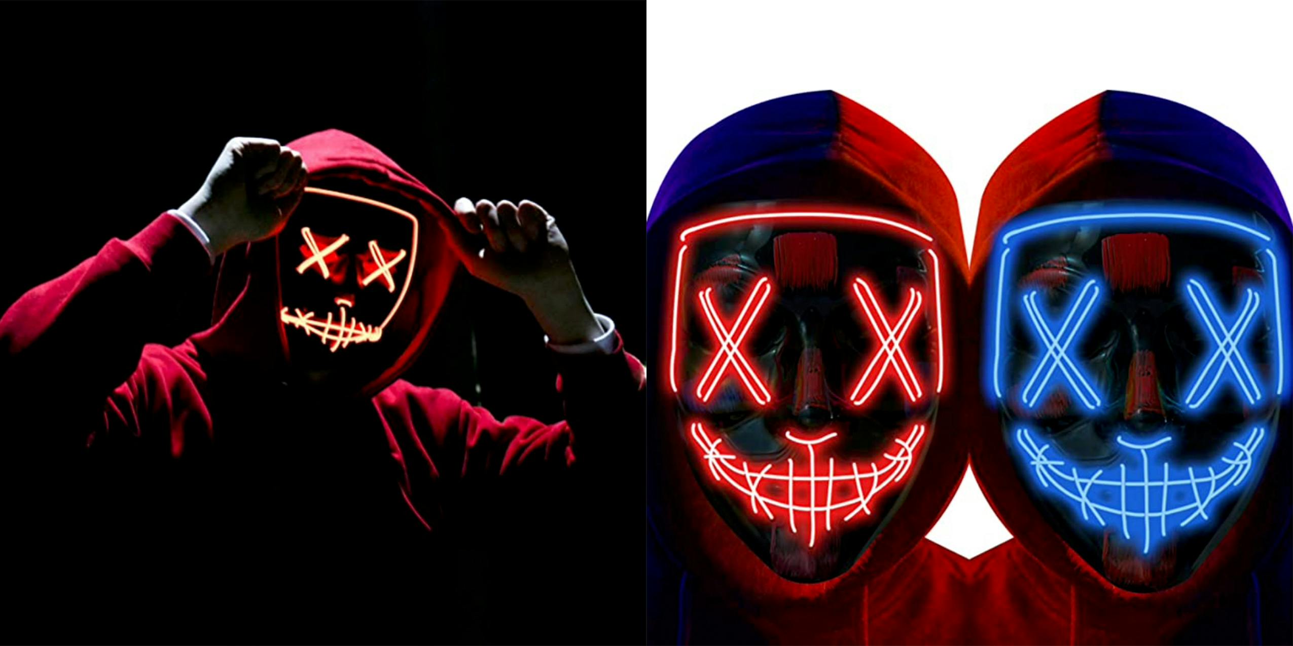 Man wearing a hoodie and a light up LED mask.