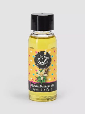 Bottle of love honey vanilla massage oil with black cap and black text