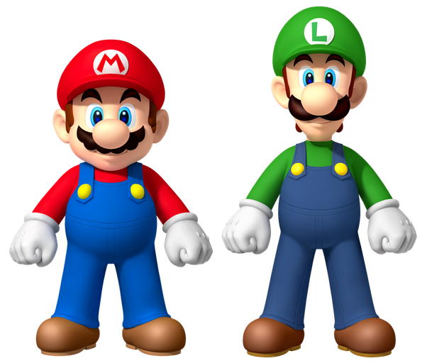 Mario in red cap, shirt and blue overalls, and Luigi in green cap, shirt, and blue overalls