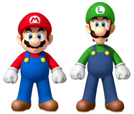 Mario in red cap, shirt and blue overalls, and Luigi in green cap, shirt, and blue overalls