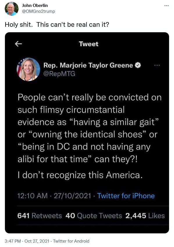 A fake tweet someone claimed was from Marjorie Taylor Greene.