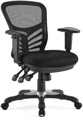 Black ergonomic desk chair with ample back support and three different height and comfort levers, ideal for a home office setup