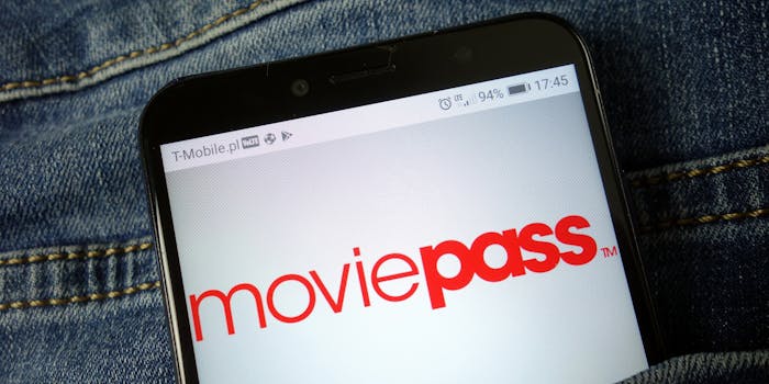 The MoviePass logo displayed on mobile phone.