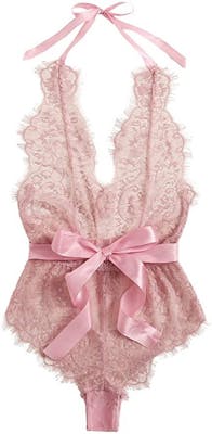 Baby pink lace babydoll bodysuit with thick pink satin bow
