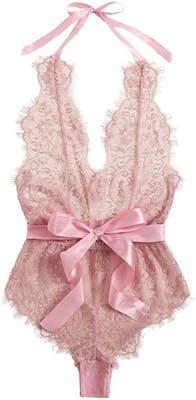 Baby pink lace babydoll bodysuit with thick pink satin bow