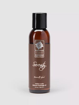Brown bottle with black cap sliquid organic massage oil