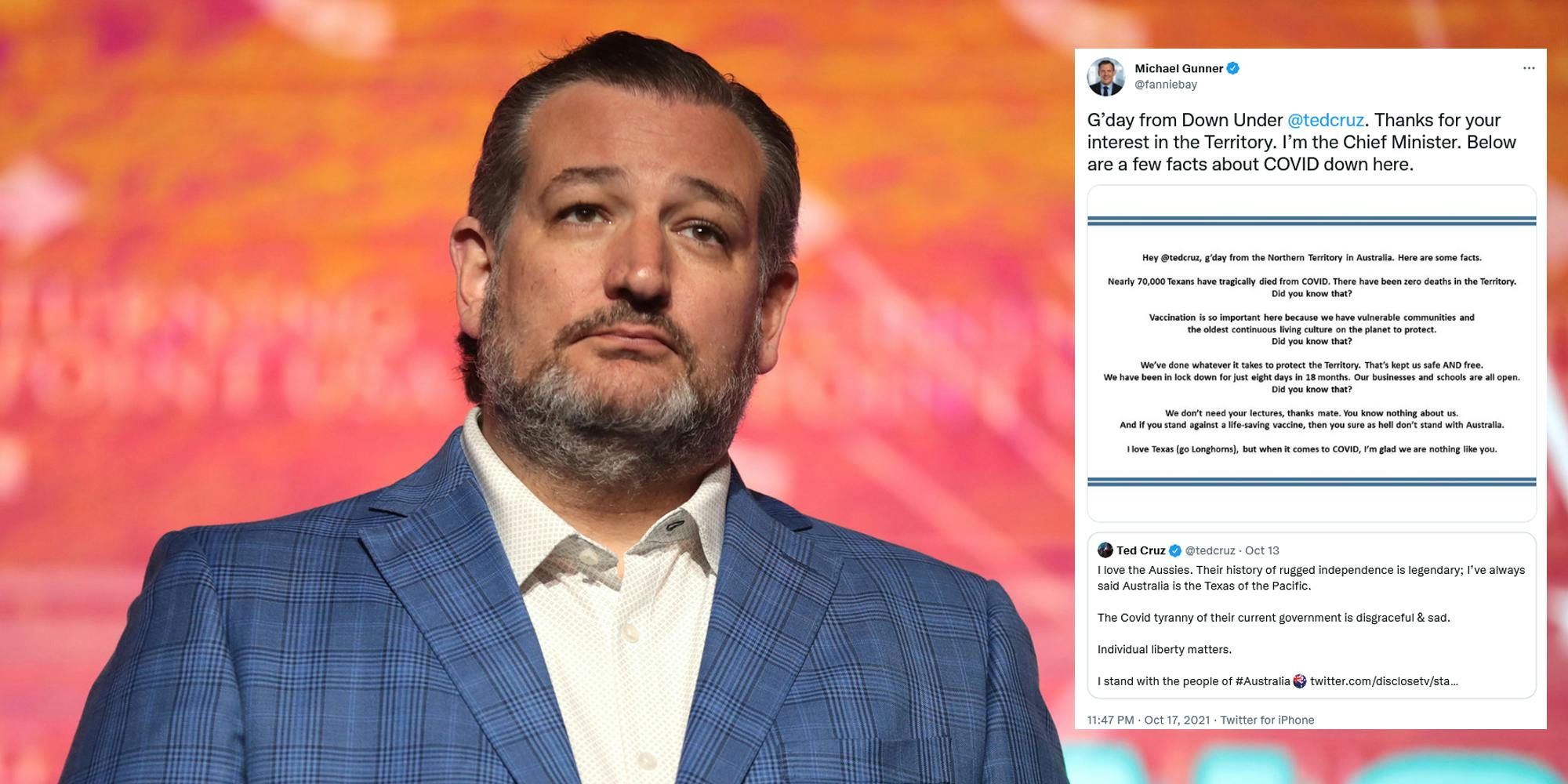 Ted Cruz next to a tweet from Michael Gunner responding to his tweet about Australia's vaccine mandate.