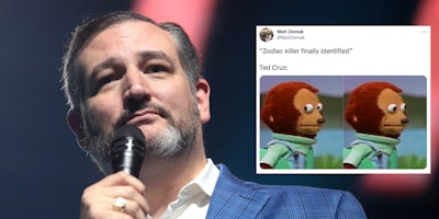 Sen. Ted Cruz next to a tweet of someone making a joke about him being the Zodiac Killer.