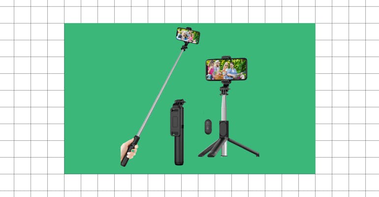 A hand using a selfie stick to show off a selfie stick that can also be a tripod