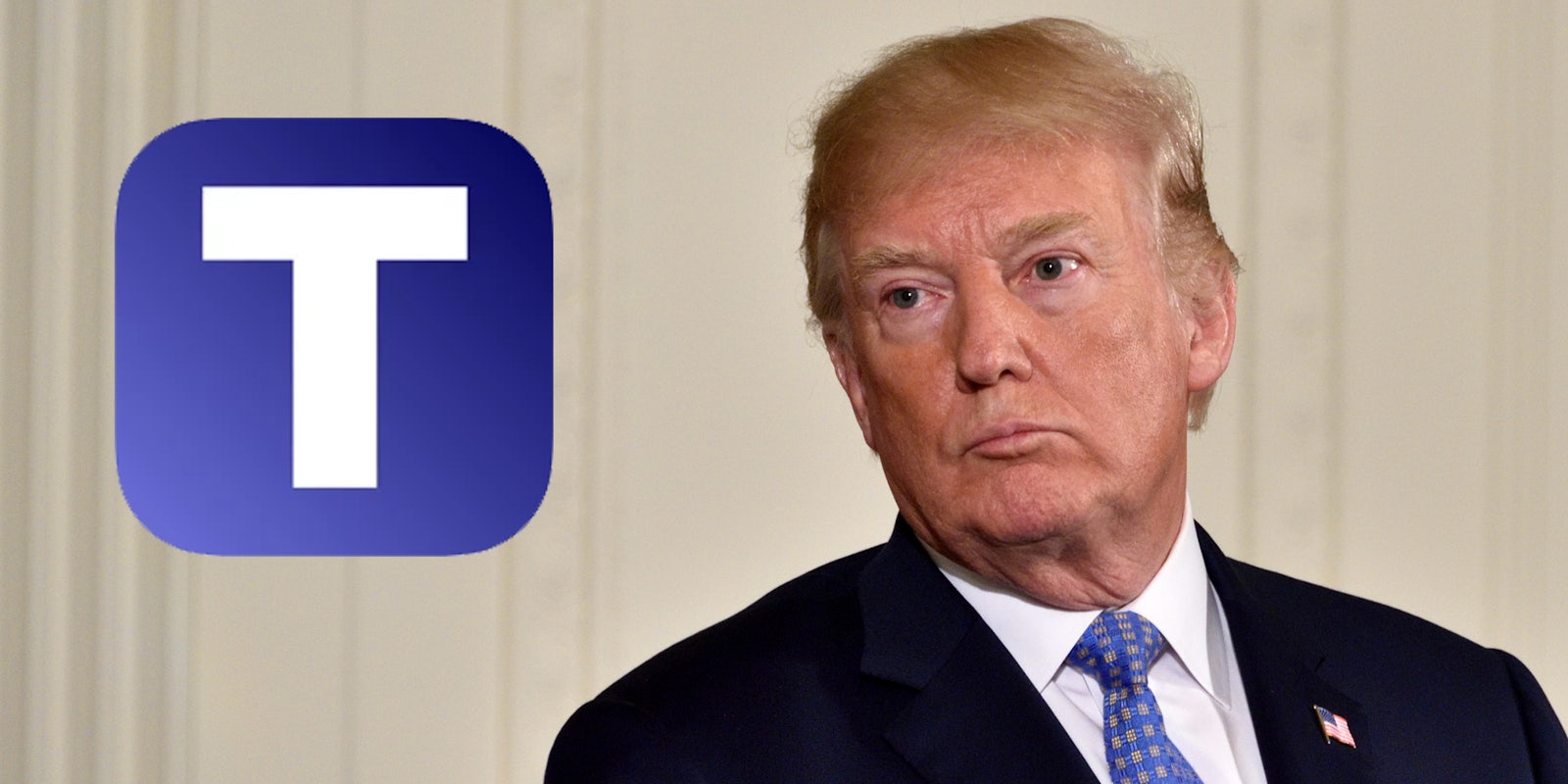 Former President Donald Trump next to the logo for his upcoming social media app Truth Social.