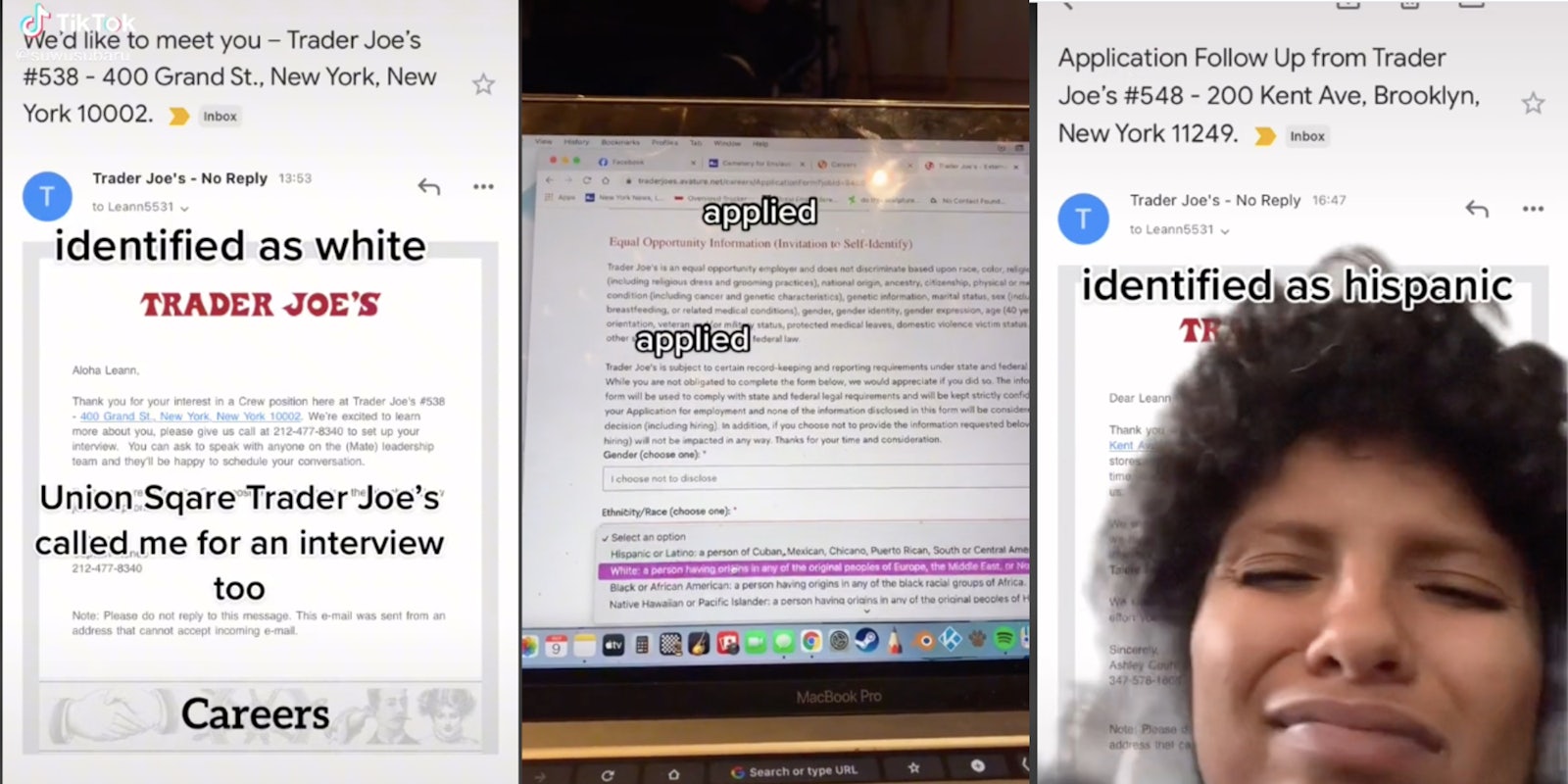 woman puts race as hispanic and white on trader joe's application and the white application gets an interview