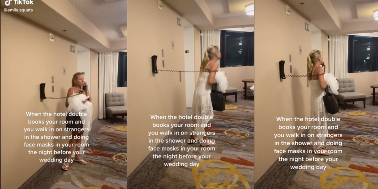 white woman on phone is a hotel distressed