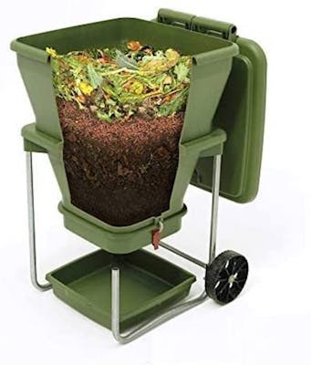 Green worm farm composting bin with wheels and catch all