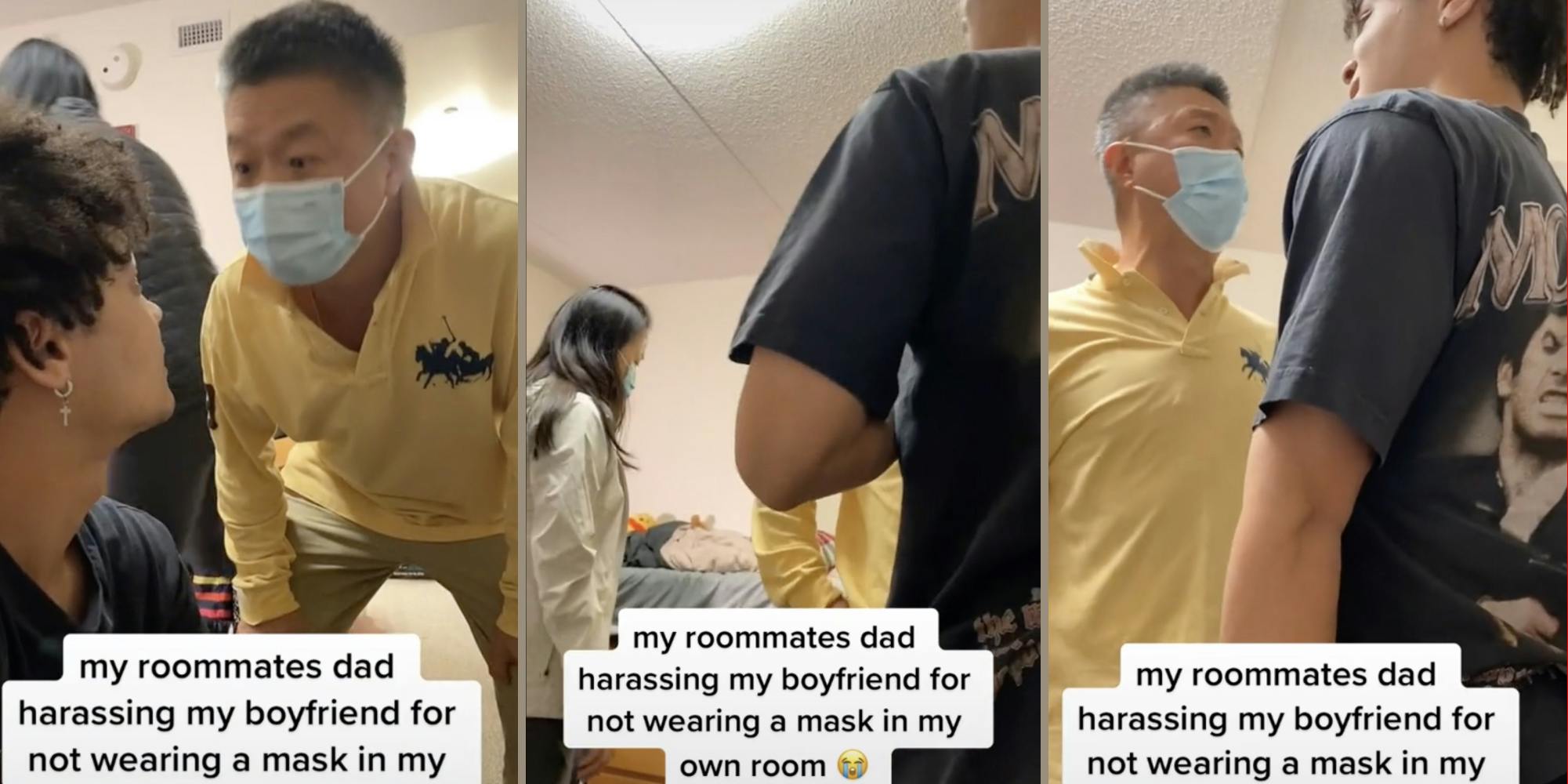 asian father yelling at his daughter's roommate's Black boyfriend, father trying to provoke a fight