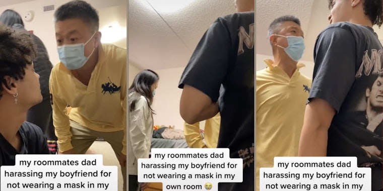 asian father yelling at his daughter's roommate's Black boyfriend, father trying to provoke a fight