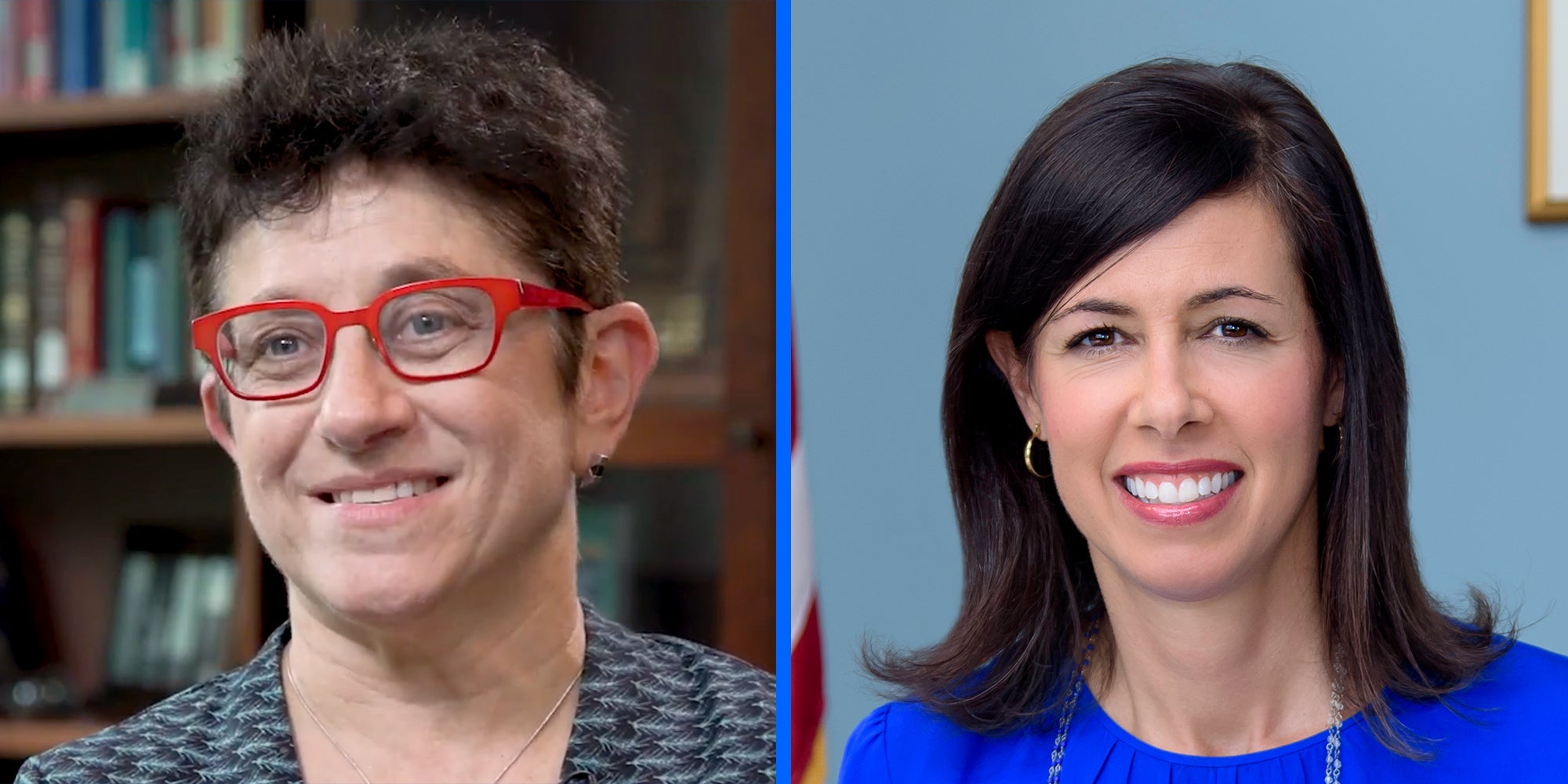 A woman looking off camera (L) and a woman looking into camera (R).