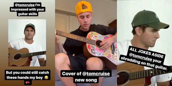 Tom Cruise playing guitar with caption "@tomcruise I'm impressed with your guitar skills but you could still catch these hands my boy" (l) justin bieber playing guitar with caption "Cover of @tomcruise new song" (c) tom cruise with guitar and caption "All jokes aside @tomcruise your shredding on that guitar"