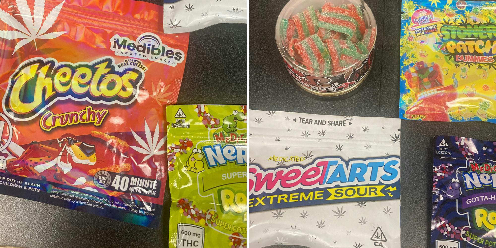 Snack food brands made into cannabis edibles - Cheetos, Nerds, Sweetarts, Stoner Patch dummies