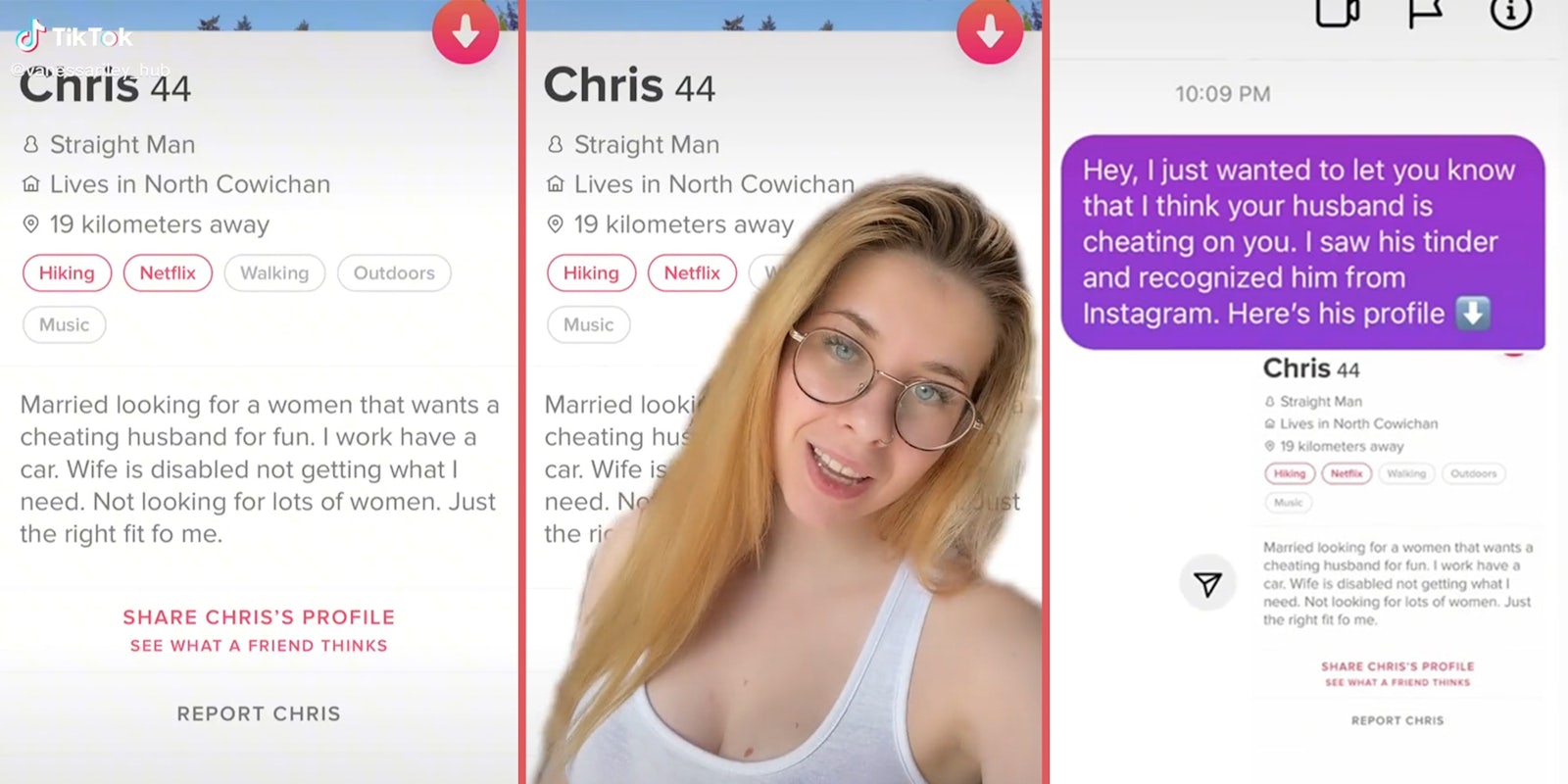 Woman texts another woman a picture of her cheating husband's Tinder profile.