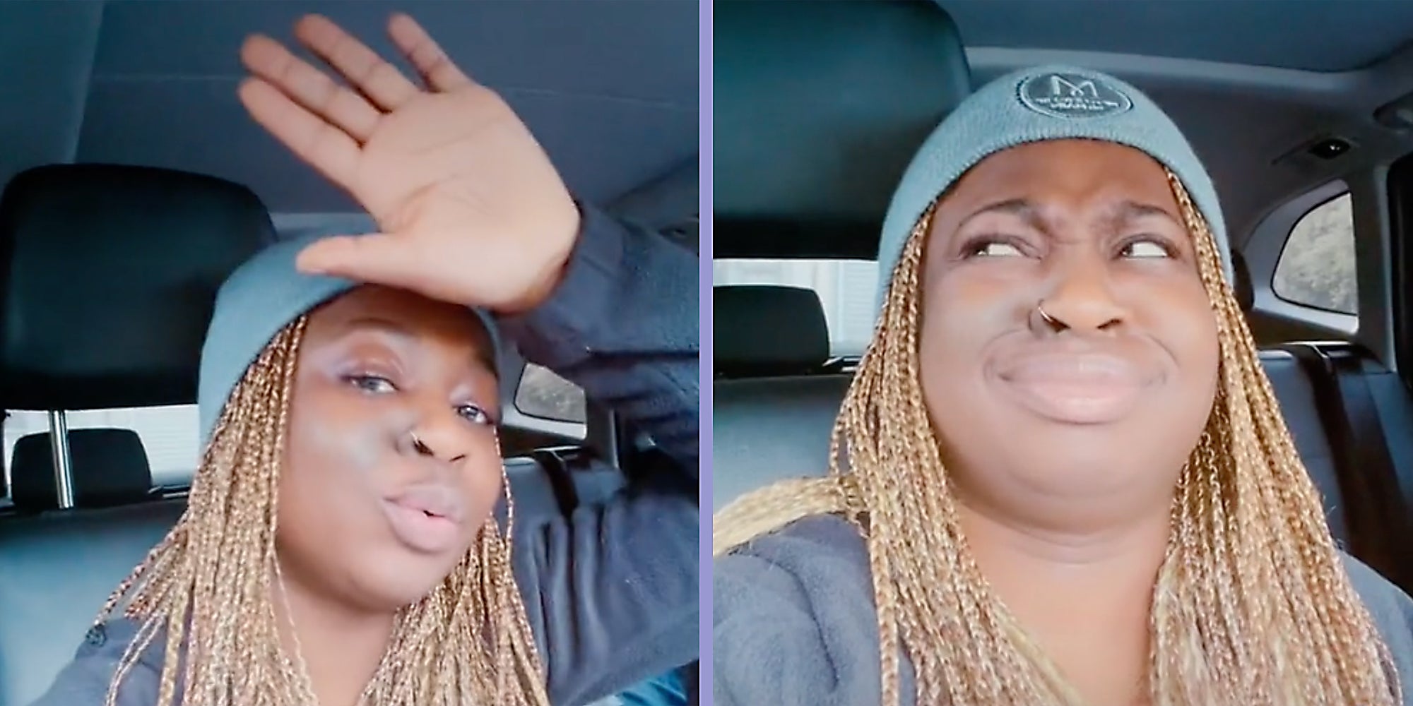 A woman talking into camera in her car.