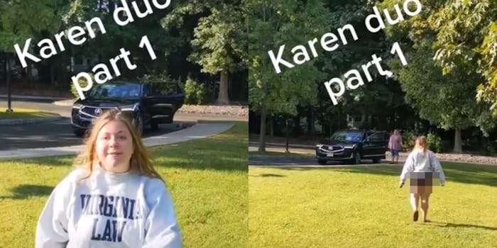 young woman outside of vehicle in yard wearing Virginia Law shirt (l) walking back to vehicle (r)