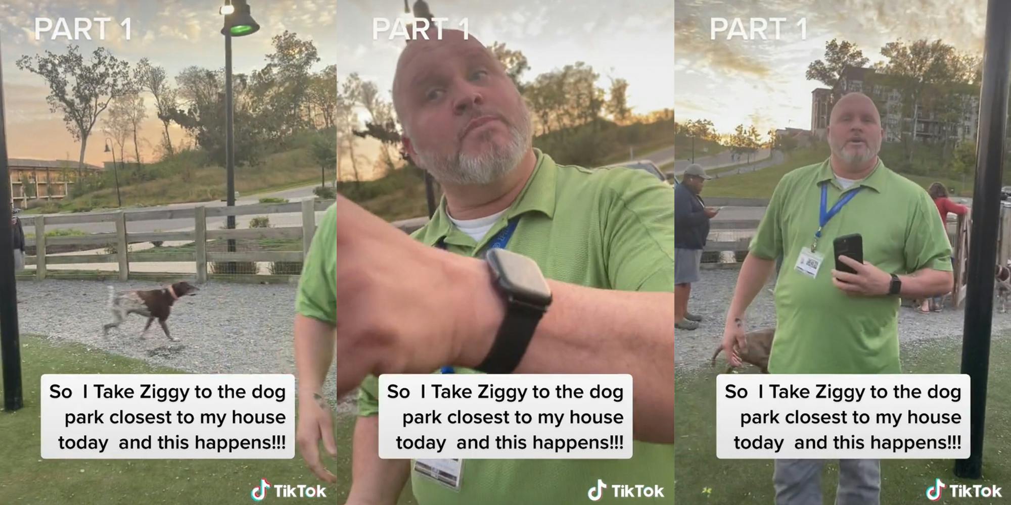 dog in park (l) man pointing (c) man with camera (r) all with caption "So I Take Ziggy to the dog park closest to my house today and this happens!!!"