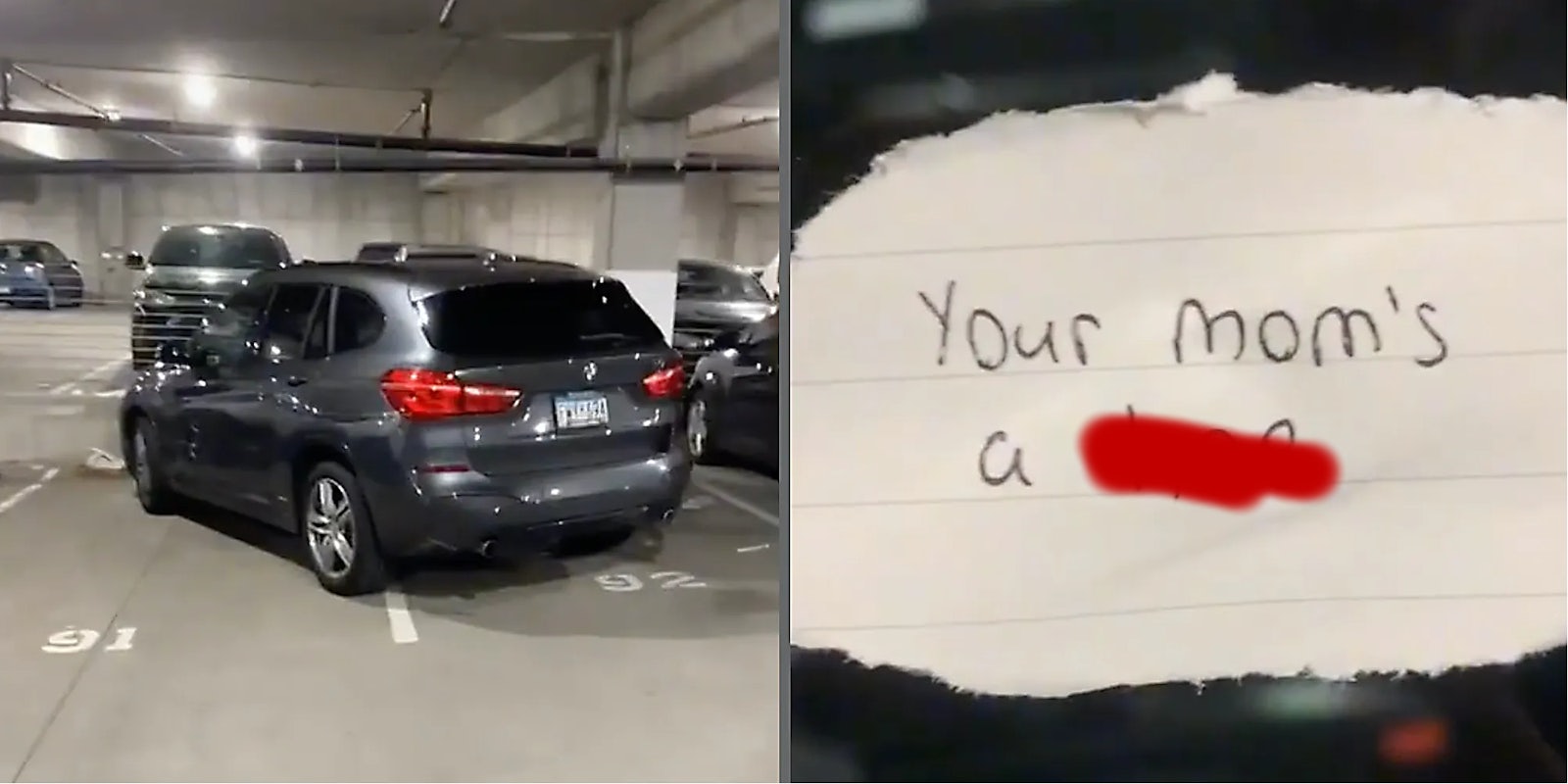 A car in a parking garage (L) and a hand written note (R).