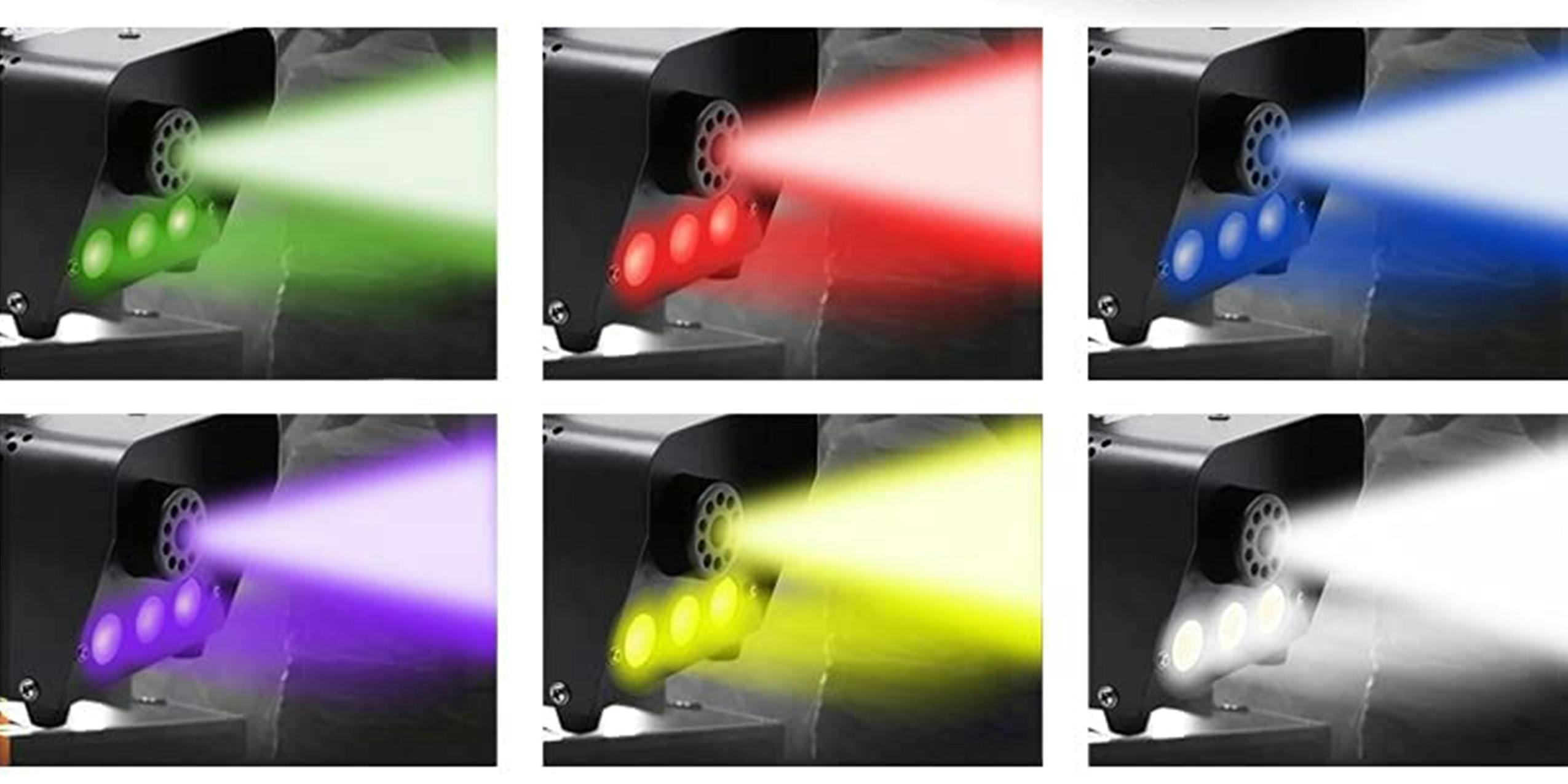 Fog machine displaying different color lights.