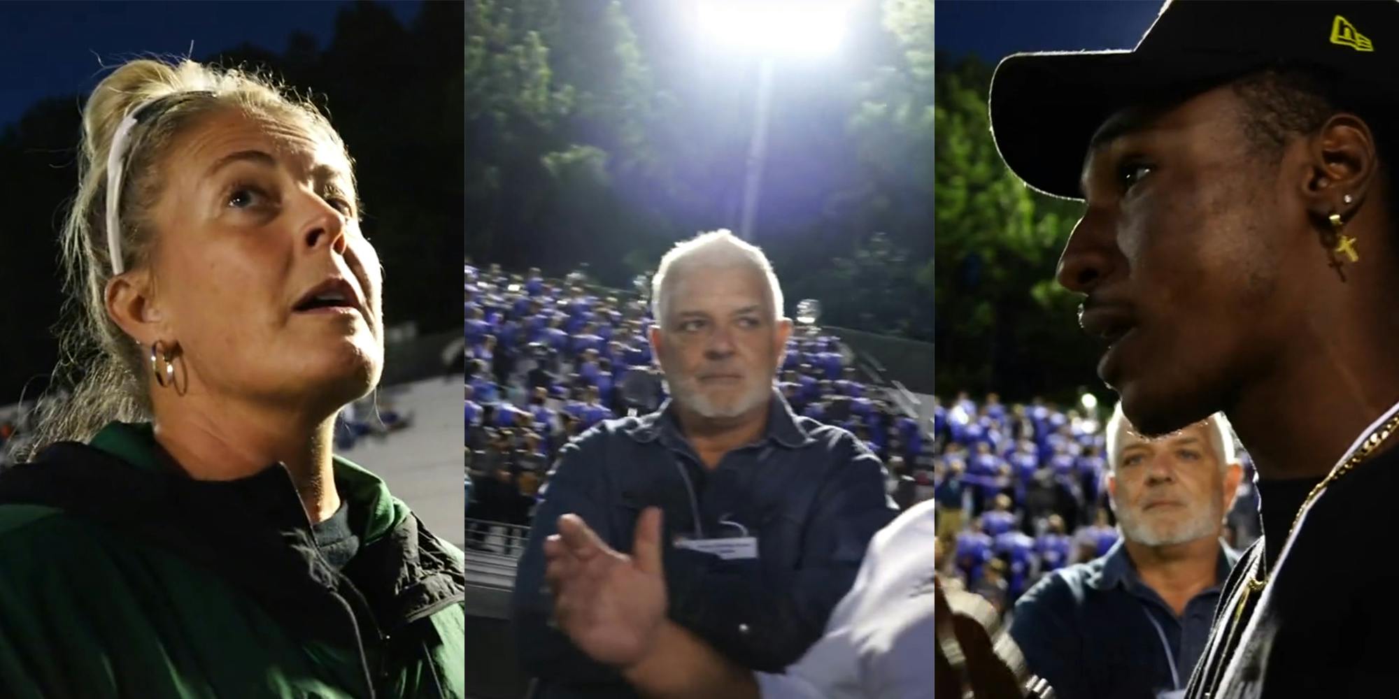 woman speaking (l) man watching (c) young man speaking (r)