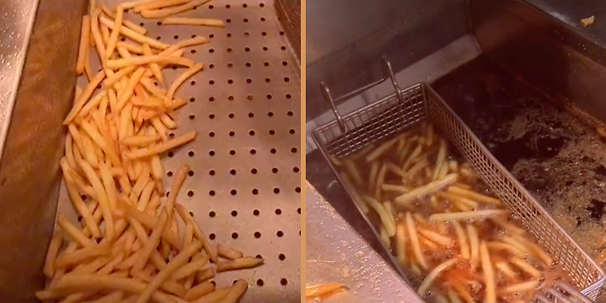 French fries in and out of a fryer.