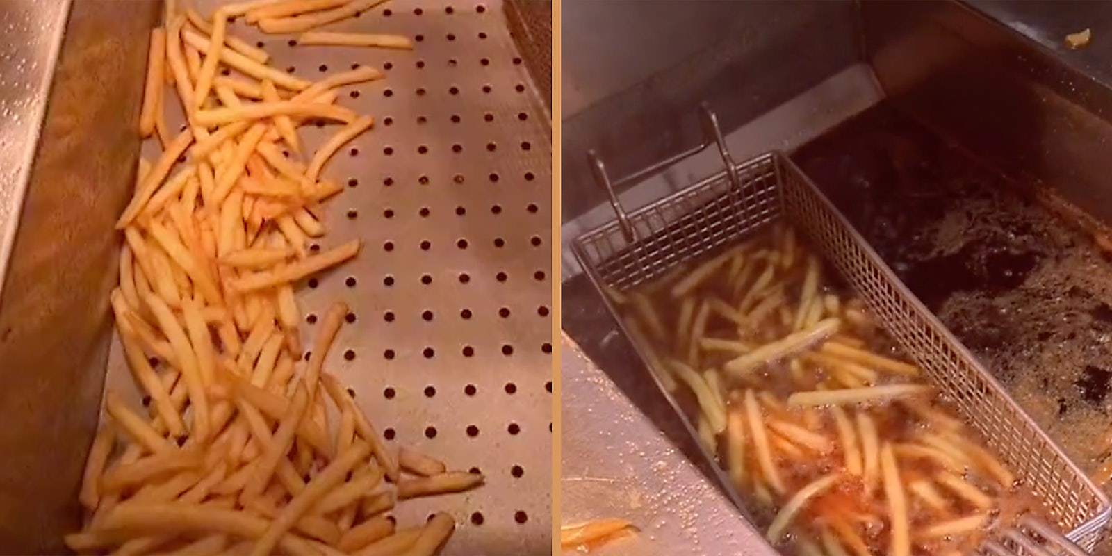 French fries in and out of a fryer.